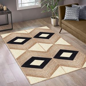 Unique Design Geometric Hand Woven Beige Black Indian Area Rugs for Living Room, Hall