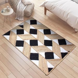 Unique Design Geometric Hand Woven Beige Black Indian Area Rugs for Living Room, Hall