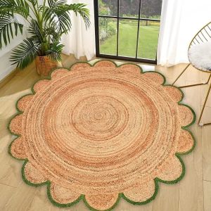 Round Jute Carpet Rug with Multi Color Border For Home, Living Room