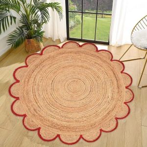 Round Jute Carpet Rug with Multi Color Border For Home, Living Room