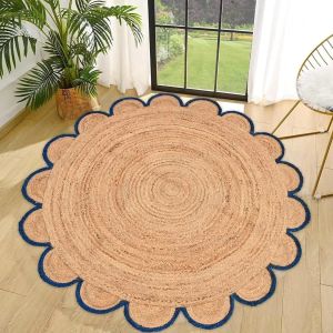 Round Jute Carpet Rug with Multi Color Border For Home, Living Room