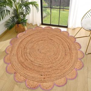 Round Jute Carpet Rug with Multi Color Border For Home, Living Room