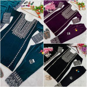 Ladies Viscose Velvet  Heavy Embroidery Work Suit Set