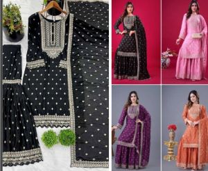 Ladies  Designer Party Wear Chinon Silk Sharara Suit Set