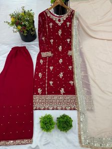 Ladies Red  Heavy Georgette With Embroidery Sequence Work Kurti And Pant Set