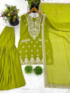 Ladies Party Wear Chinon Silk Sharara Suit Set