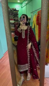 Ladies Red Faux Georgette With Heavy Embroidery Kurti And Pant Set