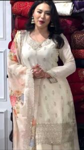 Ladies White Georgette Fancy Palazzo Suit Set