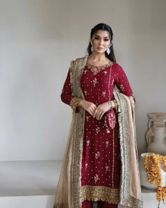 Ladies Red Georgette Heavy Work Palazzo And Suit Set