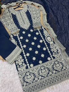 Ladies Blue Heavy Designer Pant And Kurti Set