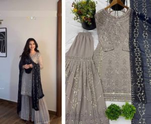Ladies Grey Georgette Designer Party Wear Palazzo And Suit Set