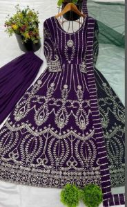 Ladies Purple Faux Georgette Embroidery Sequence Palazzo And Suit Set