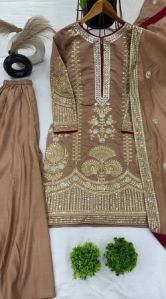 Ladies Roman Silk Embroidery Palazzo Suit Set