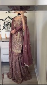 Ladies Simmer Silk Designer Heavy Embroidery Sharara Suit Set