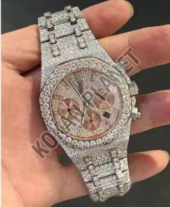 Mens Classic 904L Stainless Steel VVS Moissanite Chronograph Watch