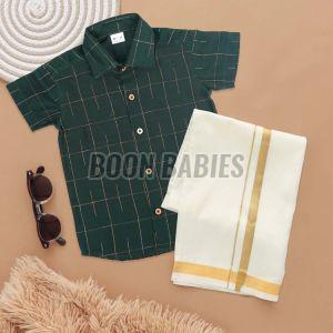 Boys Classic Emerald Green Ethnic Silk Shirt & Dhoti Set