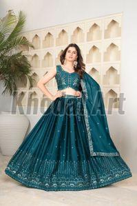Sea Green Semi Stitched Lehenga with Unstitched Blouse