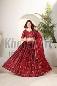 Maroon Semi Stitched Lehenga with Unstitched Blouse