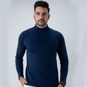 Men Plain Navy High Neck Full Sleeves T-Shirt