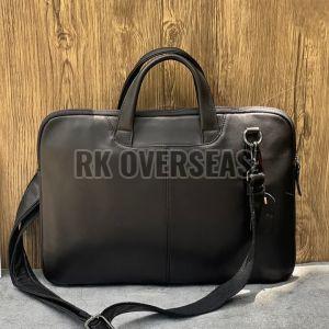 Black Plain Leather Laptop Bag