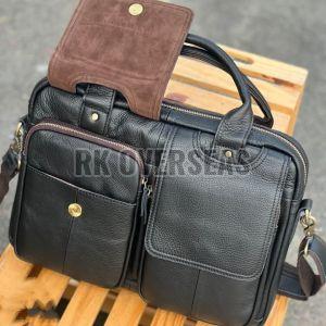 Unisex Black Leather Laptop Bag