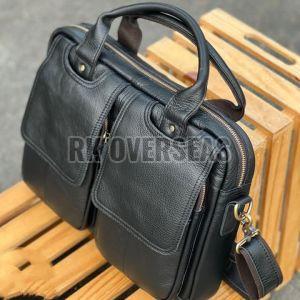 Unisex Black Leather Laptop Bag