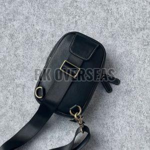 Mens Zipper Plain Black Leather Sling Bag