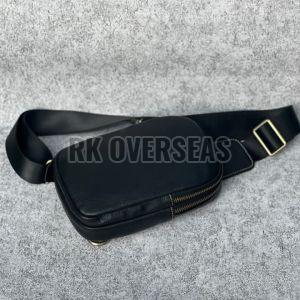 Mens Zipper Plain Black Leather Sling Bag