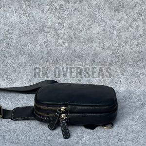 Mens Zipper Plain Black Leather Sling Bag