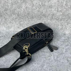 Mens Zipper Plain Black Leather Sling Bag
