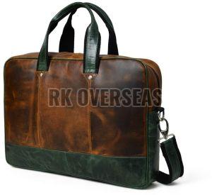 Brown and Green Leather Laptop Bag