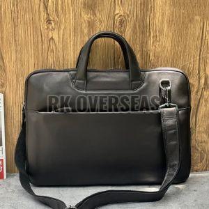 Black Plain Leather Laptop Bag