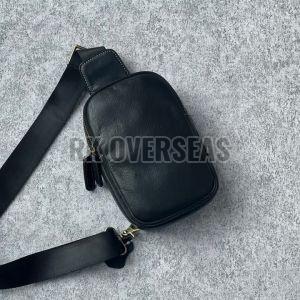 Mens Zipper Plain Black Leather Sling Bag