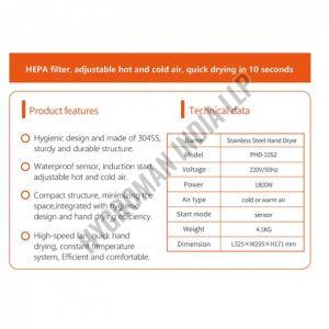 PHD-10S2 Hepa Filter Jet Air Hand Dryer