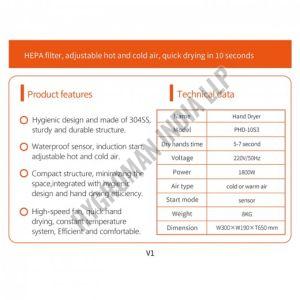 PHD-10S3 Hepa Filter Jet Air Hand Dryer