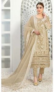 Organza Beige Embroidery Pakistani Women Salwar Suit