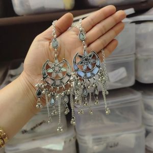 Women Ethnic Chic Oxidised Mirror Chandbali Earrings
