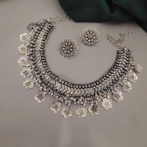Women Flower Oxidised Choker Earrings Necklace Set