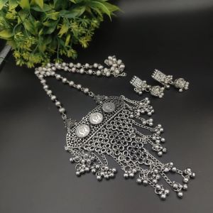 Women Oxidised Long Chain Necklace Earring Set