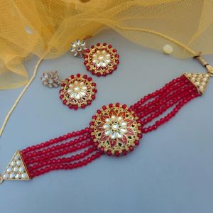 earrings women red meenakari choker set