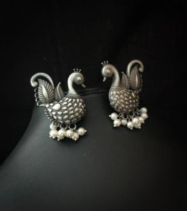 Women Silver Lookalike Peacock Stud Earrings