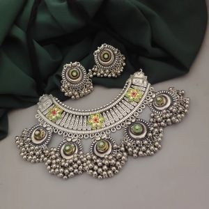 women stylish oxidised choker necklace earrings set