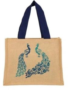 Promotional Peacock Printed Grocery Carry Organic Jute Shopping Bag