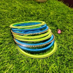 Ladies Green And Blue Stone Silk Thread Bangles