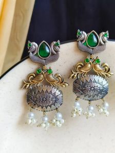 Elegance Two-Tone Oxidized Peacock Dangler Earrings For Women