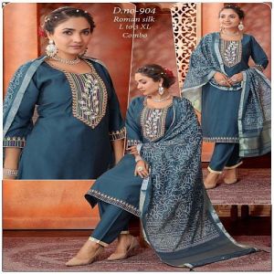 Blue Embroidered Roman Silk Kurti Pant Set