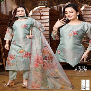 Ladies Grey Printed Muslin Silk Kurti Set