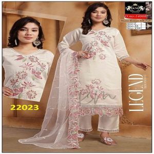 Ladies White Roman Silk Kurti Pant Dupatta Set