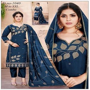 Leaf Embroidery Design Ladies Blue Roman Silk Kurti Pant Set