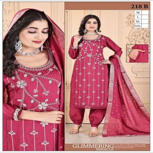 Pink Roman Silk Embroidery Work Kurti Set